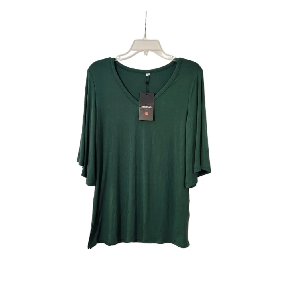 NWT Fashion Women's M V-Neck 3/4 Flutter/Bell Sleeve Lightweight Green Tunic Top